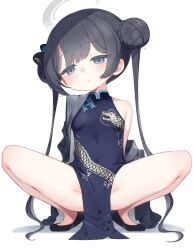 Rule 34 | 1girl, bare shoulders, black dress, black footwear, black hair, blue archive, breasts, butterfly hair ornament, china dress, chinese clothes, closed mouth, commentary request, covered navel, double bun, dress, grey eyes, grey jacket, hair bun, hair ornament, half-closed eyes, halo, head tilt, highres, jacket, kisaki (blue archive), kokone (coconeeeco), looking at viewer, off shoulder, pelvic curtain, pinstripe pattern, shadow, shoes, simple background, sleeveless, sleeveless dress, small breasts, solo, spread legs, squatting, striped, twintails, white background