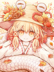 Rule 34 | 1girl, blonde hair, brown hat, closed mouth, commentary request, flower, hat, hat flower, highres, looking at viewer, moriya suwako, ribbon-trimmed sleeves, ribbon trim, ro.ro, sidelocks, smile, snake, solo, touhou, upper body, white snake, yellow eyes