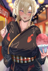 Rule 34 | 1girl, absurdres, animal print, black kimono, blonde hair, blurry, blurry background, blush, breasts, commentary request, fish print, floral print, food, gyaru, hair between eyes, highres, holding, japanese clothes, kimono, large breasts, long hair, long sleeves, looking at viewer, nail polish, namazu (yamasonson), open mouth, original, purple eyes, purple nails, shaved ice, smile, solo, yukata