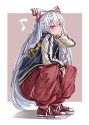Rule 34 | 1girl, beamed eighth notes, blush, bow, eighth note, fujiwara no mokou, full body, gold trim, grey hair, hair bow, highres, light smile, long hair, long sleeves, looking at viewer, mahoro (minase mahoro), musical note, no socks, pants, red eyes, red pants, shoes, simple background, sneakers, solo, spoken musical note, squatting, touhou, very long hair
