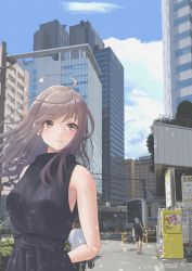 Rule 34 | 1girl, ahoge, antenna hair, arms behind back, bare arms, bare shoulders, belt, black belt, black dress, blue sky, breasts, brown eyes, cityscape, closed mouth, cloud, cloudy sky, commentary request, dress, highres, light blush, light brown hair, long hair, looking to the side, medium breasts, original, outdoors, scenery, sena (illust sena), shibuya (tokyo), signature, sky, sleeveless, sleeveless dress, smile, solo, summer, tokyo (city), upper body, yoyogi