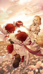 4girls absurdres aglaea_(honkai:_star_rail) ancient_greek_clothes angel_wings black_gloves blonde_hair breasts cleavage closed_eyes commentary_request dress field floating flower flower_field gloves greco-roman_clothes head_wreath highres honkai:_star_rail honkai_(series) large_breasts multiple_girls nanana184555 pointy_ears red_hair short_hair thighhighs trianne_(honkai:_star_rail) tribbie_(honkai:_star_rail) trinnon_(honkai:_star_rail) twitter_username white_dress white_thighhighs wings