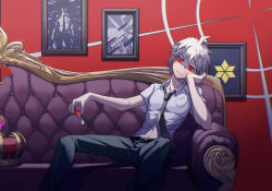 Rule 34 | 1boy, ahoge, apple, apple core, black pants, breast pocket, bullet print, cheek rest, closed mouth, collarbone, collared shirt, commentary request, couch, crown, danganronpa (series), danganronpa 2: goodbye despair, food, fruit, green necktie, hands up, highres, hinata hajime, hinata hajime (awakened), holding, kamukura izuru, leaning to the side, looking at viewer, male focus, navel, necktie, on couch, pale skin, pants, picture frame, pocket, red background, red eyes, shirt, short hair, sitting, smile, solo, spoilers, white hair, white shirt, ziling