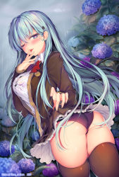 Rule 34 | 10s, 1girl, ;p, aqua eyes, aqua hair, ass, badge, black skirt, blush, bow, bowtie, bra, breasts, brown jacket, brown thighhighs, clothes lift, commentary request, dutch angle, fingernails, flashing, flower, from behind, hair ornament, hairclip, hand to own mouth, heart, heart-shaped pupils, highres, hydrangea, jacket, kantai collection, large breasts, lifting own clothes, long fingernails, long hair, long sleeves, looking at viewer, looking back, naughty face, obiwan, one eye closed, open clothes, open jacket, outdoors, panties, purple bra, purple panties, rain, remodel (kantai collection), see-through, shirt, skindentation, skirt, skirt lift, solo, suzuya (kancolle), symbol-shaped pupils, thighhighs, tongue, tongue out, twisted torso, twitter username, underwear, wet, wet clothes, wet shirt