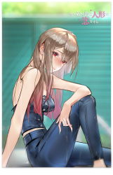 Rule 34 | 1girl, absurdres, back, bare shoulders, blonde hair, blurry, blurry background, blush, buttons, denim, ear piercing, earrings, embarrassed, eyelashes, fingernails, highres, jeans, jewelry, kitagawa marin, knee up, lips, logo, looking at viewer, messy hair, multicolored hair, outdoors, pants, piercing, red eyes, sitting, sleeveless, sono bisque doll wa koi wo suru, strapless, two-tone hair, wet, wet clothes, wet hair, zang sen (senhonz)