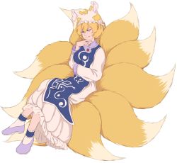 Rule 34 | 1girl, animal hat, blonde hair, fox tail, full body, hair between eyes, hand on own chin, hat, highres, lavender shoes, long sleeves, looking at viewer, mefomefo, mob cap, multiple tails, short hair, simple background, sitting, sitting on tail, slit pupils, smile, smug, solo, tabard, tail, touhou, white background, white hat, yakumo ran, yellow eyes