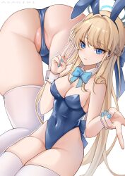 Rule 34 | 1girl, absurdres, animal ears, aqua bow, aqua bowtie, asagiri ai, ass, blonde hair, blue archive, blue eyes, blue hairband, blue leotard, blue nails, bow, bowtie, braid, breasts, covered navel, detached collar, double v, earpiece, fake animal ears, fake tail, french braid, hairband, halo, highres, leotard, long hair, medium breasts, multiple views, official alternate costume, partially visible vulva, playboy bunny, rabbit ears, rabbit tail, simple background, sitting, strapless, strapless leotard, tail, thighhighs, toki (blue archive), toki (bunny) (blue archive), v, very long hair, white background, white thighhighs, white wrist cuffs, wrist cuffs