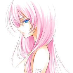 Rule 34 | 1girl, bad id, bad pixiv id, blue eyes, breasts, female focus, lips, long hair, looking at viewer, looking to the side, megurine luka, neck, nude, pink hair, profile, serious, simple background, solo, tattoo, ueno tsuki, upper body, vocaloid, white background