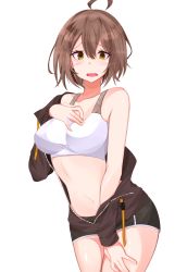 Rule 34 | 1girl, ahoge, azur lane, baltimore (azur lane), baltimore (black ace) (azur lane), bare shoulders, black jacket, black shorts, blush, braid, breasts, brown eyes, brown hair, commentary, cowboy shot, crop top, hair between eyes, hand on own chest, highres, jacket, large breasts, long sleeves, midriff, navel, off shoulder, official alternate costume, open mouth, short hair, short shorts, shorts, simple background, single braid, solo, spikle, sports bra, standing, stomach, thighs, white background