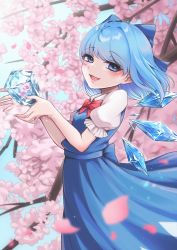 Rule 34 | 1girl, :d, absurdres, beautiful witch sakuran, blue bow, blue dress, blue eyes, blue hair, blurry, blurry foreground, blush, bow, bowtie, breasts, cherry blossoms, cirno, commentary request, day, dress, flower, frozen, hair bow, highres, huge filesize, ice, ice wings, looking at viewer, open mouth, outdoors, pinafore dress, pink flower, puffy short sleeves, puffy sleeves, red bow, red bowtie, shirt, short hair, short sleeves, sleeveless dress, small breasts, smile, solo, touhou, upper body, white shirt, wings