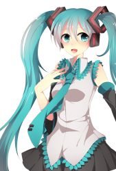 Rule 34 | 1girl, bad id, bad pixiv id, detached sleeves, etoranze, green eyes, green hair, hatsune miku, headphones, highres, long hair, matching hair/eyes, necktie, open mouth, simple background, skirt, solo, twintails, very long hair, vocaloid, white background