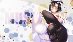 Rule 34 | 1girl, bad id, bad pixiv id, black hair, black thighhighs, blush, breasts, cleavage, dk.senie, feet, feet together, foot focus, glasses, hair ornament, headphones, highres, looking at viewer, no shoes, nude, original, short hair, side ponytail, solo, thighhighs, toes, white thighhighs, yellow eyes