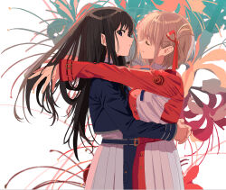 Rule 34 | 2girls, arms around waist, belt, black hair, blonde hair, blue belt, blue dress, closed eyes, closed mouth, commentary, dress, face-to-face, facing another, floral background, flower, from side, grey dress, hair ribbon, imminent kiss, inoue takina, long hair, long sleeves, looking at viewer, lycoris recoil, lycoris uniform, multiple girls, nishikigi chisato, okazaki oka, own hands together, parted lips, pleated dress, profile, purple eyes, red belt, red dress, red ribbon, ribbon, short hair, sideways glance, smile, spider lily, two-tone dress, yuri