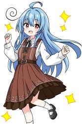 Rule 34 | 1girl, ahoge, belt, blue hair, blush, collared dress, dress, frilled dress, frills, highres, kotatsu-mazoku, long hair, long sleeves, mary janes, neck ribbon, open mouth, original, pinafore dress, red eyes, ribbon, shoes, sleeveless, sleeveless dress, smile, socks, solo, sparkle, standing, standing on one leg, very long hair