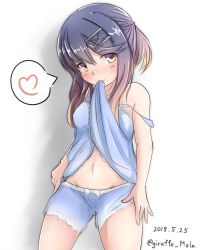 Rule 34 | 1girl, alternate costume, blush, breasts, clothes in mouth, clothes lift, dated, giraffe (ilconte), hair between eyes, hair ornament, hairclip, heart, highres, kantai collection, lifting own clothes, long hair, looking at viewer, mouth hold, multicolored hair, one-hour drawing challenge, purple hair, shadow, shirt in mouth, shirt lift, shorts, simple background, sleepwear, small breasts, spoken heart, tsushima (kancolle), white background, yellow eyes