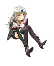 Rule 34 | 1girl, armor, black thighhighs, boots, circlet, code: nemesis (elsword), elsword, eve (elsword), facepaint, fingerless gloves, gloves, grey hair, high heels, mx2j, open mouth, raven cronwell, shoes, solo, thigh boots, thighhighs, white background, yellow eyes