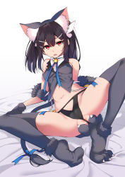 Rule 34 | 1girl, animal ear fluff, animal ears, animal hands, anus, bare shoulders, bell, black hair, black panties, breasts, collar, covered erect nipples, crotch cutout, fang, fate/kaleid liner prisma illya, fate (series), gloves, hair between eyes, hair ornament, hairclip, hand on own ass, long hair, looking at viewer, lowleg, lowleg panties, lying, miyu edelfelt, navel, neck bell, on bed, open mouth, panties, paw gloves, santa (sunflower), simple background, small breasts, solo, spread anus, spread legs, tail, thighhighs, underwear, yellow eyes