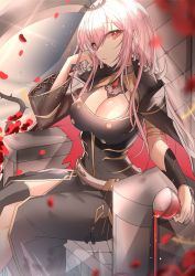 Rule 34 | 1girl, absurdres, alcohol, black dress, black thighhighs, breasts, cleavage, cup, dress, drinking glass, highres, hololive, hololive english, large breasts, long hair, mori calliope, petals, pink hair, plant, red eyes, rose petals, scythe, see-through, see-through sleeves, sitting, thighhighs, veil, vines, virtual youtuber, weapon, weyas kayur, wine, wine glass