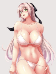 Rule 34 | 1girl, ao no kiseki, arms at sides, bikini, bikini pull, blush, breasts, cleavage, clothes pull, collarbone, commentary request, eiyuu densetsu, elie macdowell, green eyes, grey background, hair ribbon, highres, large breasts, light brown hair, long hair, looking at viewer, navel, oohiro saki, open mouth, ribbon, simple background, smile, solo, stomach, swimsuit, thighs, underboob, very long hair, white bikini