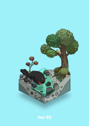 Rule 34 | absurdres, animal, blue background, commentary request, diorama, drinking, gozz, highres, horns, in tree, isometric, original, plant roots, stream, tree