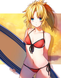 Rule 34 | 1girl, absurdres, ayamori mimi, bikini, blonde hair, contrapposto, cowboy shot, fate/apocrypha, fate/grand order, fate (series), flat chest, front-tie top, green eyes, groin, halterneck, highres, long hair, looking at viewer, mordred (fate), mordred (fate/apocrypha), mordred (swimsuit rider) (first ascension) (fate), navel, ponytail, red bikini, side-tie bikini bottom, solo, standing, string bikini, surfboard, swimsuit