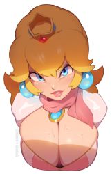 Rule 34 | 1girl, absurdres, artist name, blonde hair, blue eyes, breasts, cleavage, cleavage cutout, clothing cutout, combos &amp; doodles, crown, downblouse, earrings, eyelashes, highres, jewelry, large breasts, long hair, mario (series), nintendo, princess peach, simple background, smile, solo, sphere earrings, suggestive fluid, white background