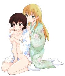 Rule 34 | 10s, 2girls, abenattou, bad id, bad pixiv id, blonde hair, blush, brown eyes, brown hair, caesar (girls und panzer), carpaccio (girls und panzer), covering privates, covering breasts, covering crotch, dressing, embarrassed, girls und panzer, green eyes, holding own arm, japanese clothes, kimono, long hair, multiple girls, open mouth, seiza, sitting, smile, sweatdrop, tabi, white background, white legwear