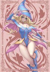 Rule 34 | 1girl, ankh, artist request, bare shoulders, blonde hair, blue footwear, blue gloves, blue hat, blue leotard, blush stickers, boots, breasts, capelet, card (medium), cleavage, collar, collarbone, curvy, dark magician girl, detached collar, duel monster, earrings, elbow gloves, full body, gloves, green eyes, hat, heart, highleg, highleg leotard, holding, holding staff, holding wand, jewelry, knee boots, large breasts, leotard, long hair, looking at viewer, magical girl, off-shoulder leotard, purple capelet, solo, source request, staff, tattoo, third-party source, wand, wide hips, wizard hat, yu-gi-oh!