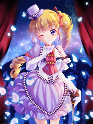 Rule 34 | 1girl, blonde hair, blue eyes, drill hair, finger to mouth, gloves, hair ornament, hair ribbon, hat, long hair, looking at viewer, omuni, one eye closed, original, petals, ribbon, side ponytail, smile, solo, staff, white gloves, white legwear