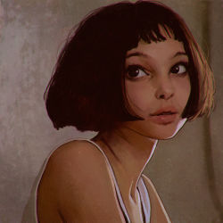 Rule 34 | 1girl, bare shoulders, black eyes, black hair, bob cut, from side, ilya kuvshinov, indoors, leon the professional, lips, looking to the side, mathilda lando, natalie portman, parted lips, real life, realistic, short hair, smile, solo, tank top, upper body