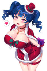 Rule 34 | 10s, 1girl, alternate breast size, alternate hairstyle, blue hair, breasts, christmas, cleavage, hair ornament, hat, heart, highres, jewelry, large breasts, long hair, looking at viewer, love live!, love live! sunshine!!, necklace, open mouth, purple eyes, santa costume, santa hat, smile, solo, tem10, thighhighs, tsushima yoshiko, twintails