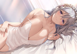 Rule 34 | 1girl, amasora taichi, bare shoulders, bed sheet, breasts, cleavage, closed mouth, frilled hairband, frills, hair between eyes, hairband, hand on own thigh, large breasts, looking at viewer, lying, nightgown, on side, original, silver hair, smile, strap slip, thighs