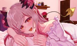 Rule 34 | 1girl, nanashi inc., absurdres, demon tail, door, face, flower, futayamam2, highres, honey strap, horns, indoors, light blush, long hair, lying, multicolored hair, on stomach, open mouth, orange eyes, pink hair, red flower, smile, solo, suou patra, tail, two-tone hair, virtual youtuber, white hair