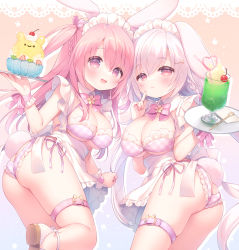 Rule 34 | 2girls, animal ears, apron, ass, bikini, braid, breasts, butt crack, cherry, cleavage, commentary request, crazy straw, drinking straw, food, frilled apron, frills, fruit, hair between eyes, hair ornament, hairclip, heart straw, highres, holding, holding tray, ice cream, ice cream float, large breasts, long hair, maid headdress, multiple girls, original, pink hair, plaid, plaid bikini, purple bikini, rabbit ears, rabbit girl, rabbit tail, red eyes, sakura (usashiro mani), spoon, swimsuit, tail, tray, twisted torso, usashiro mani, very long hair, white apron, white hair, wrist cuffs