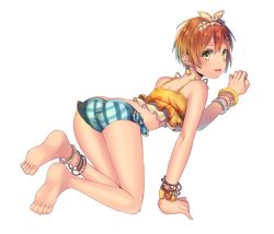 Rule 34 | 10s, 1girl, all fours, anklet, ass, bare shoulders, barefoot, blush, bracelet, breasts, butt crack, earrings, from behind, green eyes, hair ribbon, heart, heart earrings, hoshizora rin, jewelry, looking at viewer, love live!, love live! school idol festival, love live! school idol project, open mouth, orange hair, panties, paw pose, plaid, plaid panties, ribbon, short hair, short shorts, shorts, sideboob, smile, solo, ugumi, underwear