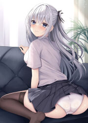 Rule 34 | 1girl, absurdres, ass, black skirt, black thighhighs, blurry, blush, closed mouth, collared shirt, commentary request, couch, crossed bangs, curtains, depth of field, grey eyes, grey hair, hair ribbon, hanonokusa, highres, indoors, long hair, looking at viewer, original, panties, ribbon, shirt, short sleeves, sidelocks, sitting, skirt, thighhighs, two side up, underwear, wariza, white panties, white shirt