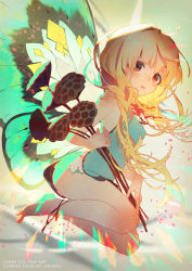 Rule 34 | 10s, 1girl, alternate costume, ankle ribbon, aqua dress, armpit peek, artist name, bare legs, bare shoulders, barefoot, blonde hair, blush, braid, breasts, butterfly wings, dress, dutch angle, fantasy, flower, flying, futaba anzu, green wings, holding, holding flower, idolmaster, idolmaster cinderella girls, insect wings, lamier, leg ribbon, legs up, long hair, looking up, low twintails, open mouth, outdoors, ribbon, short dress, sky, small breasts, solo, sparkle, twin braids, twintails, wings, yellow eyes