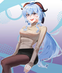 Rule 34 | 1girl, :d, absurdres, alternate costume, black pantyhose, black skirt, blue hair, blush, breasts, casual, ganyu (genshin impact), genshin impact, goat horns, grey sweater, hair between eyes, highres, horns, large breasts, long hair, long sleeves, looking at viewer, low ponytail, miniskirt, open mouth, pantyhose, purple eyes, q meu, ribbed sweater, sidelocks, sitting, skirt, sleeves past wrists, smile, solo, sweater, turtleneck, turtleneck sweater, very long hair