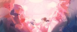 Rule 34 | 2girls, absurdres, ballroom, crowd, dress, gown, highres, holding hands, kiss, kissing hand, multiple girls, original, pastel (game), pastel colors, rococo, yuri, zuoji