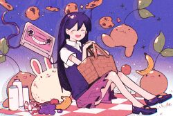 Rule 34 | 1girl, ^ ^, apple, banana, basket, bottle, candy, checkered blanket, closed eyes, collared shirt, cookie, food, forest bunny (omori), fruit, full body, gradient background, grapes, hair behind ear, hair between eyes, halftone, highres, holding, holding basket, inari1369, knees up, leaf, mari (headspace) (omori), mari (omori), omori, open mouth, own hands together, picnic basket, picnic blanket, pink skirt, purple background, purple footwear, purple hair, purple sweater vest, rabbit, shirt, short sleeves, sitting, skirt, smile, solo, sparkle, sprout mole, sweater vest, teeth, upper teeth only, white background, white shirt, wrapped candy