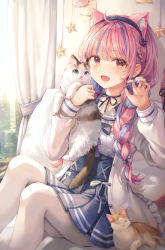 Rule 34 | 1girl, :d, absurdres, animal ear fluff, animal ears, blue nails, blue skirt, blush, braid, cat, cat ears, cat tail, fang, highres, hololive, indoors, jacket, long sleeves, looking at viewer, minato aqua, minato aqua (sailor), multicolored hair, nail polish, open mouth, pantyhose, pink eyes, pink hair, pleated skirt, shirt, sitting, skirt, smile, solo, starlime, tail, virtual youtuber, white pantyhose, white shirt
