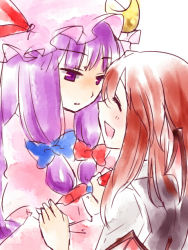 Rule 34 | 2girls, bow, close-up, closed eyes, embodiment of scarlet devil, expressionless, female focus, hair bow, happy, hat, head wings, koakuma, long hair, multiple girls, multiple hair bows, myama, open mouth, patchouli knowledge, purple eyes, purple hair, red hair, smile, touhou, wings