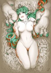 Rule 34 | 1girl, animal ears, barefoot, body fur, breasts, breasts apart, curly hair, female pubic hair, from above, full body, furry, furry female, green eyes, green hair, highres, horns, komainu, komano aunn, licking lips, long hair, looking at viewer, lying, medium breasts, multicolored hair, nude, on back, pubic hair, red hair, shiratama (irodoli), single horn, solo, thigh gap, tongue, tongue out, touhou, two-tone hair, very long hair