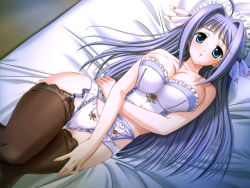 Rule 34 | 1girl, ahoge, bed, black thighhighs, blue eyes, blush, breasts squeezed together, breasts, bustier, cleavage, curvy, dutch angle, flower, frills, from above, game cg, garter belt, hip focus, kishi nisen, large breasts, lingerie, long hair, lying, maid, maid headdress, nipple slip, nipples, nonomiya sumire, on back, ore to kanojo wa shujuu na kankei, panties, print panties, purple hair, rose, solo, source request, thigh gap, thighhighs, thighs, underboob, underwear, very long hair, white panties, wide hips