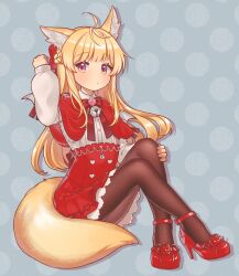 Rule 34 | 1girl, animal ear fluff, animal ears, bell, black pantyhose, blonde hair, blush, bow, braid, closed mouth, french braid, full body, hair bow, high heels, highres, ice s s z, long hair, long sleeves, lost ark, pantyhose, polka dot, polka dot background, purple eyes, red bow, red footwear, shoes, simple background, sitting, solo, tail