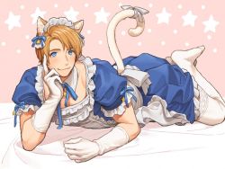 Rule 34 | 1boy, :3, ahoge, alternate costume, america (hetalia), animal ears, apron, axis powers hetalia, blonde hair, blue bow, blue dress, blue eyes, bow, bowtie, cat boy, cat ears, cat tail, crossdressing, detached collar, dress, elbow gloves, enmaided, fingers to cheek, frilled apron, frills, gloves, looking at viewer, lying, maid, maid headdress, male focus, on bed, on stomach, puffy short sleeves, puffy sleeves, short sleeves, smile, tail, thighhighs, to@st, white gloves, white thighhighs, zettai ryouiki