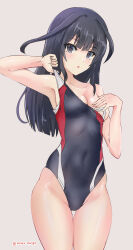 Rule 34 | 1girl, absurdres, agatsuma kaede, alice gear aegis, black eyes, black hair, black one-piece swimsuit, breasts, clothes pull, collarbone, commentary request, competition swimsuit, covered navel, grey background, highres, long hair, looking at viewer, medium breasts, multicolored clothes, multicolored swimsuit, one-piece swimsuit, one-piece swimsuit pull, rasen manga, simple background, small breasts, solo, swimsuit, thigh gap
