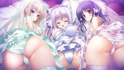 3-nin_iru! 3girls bell blonde_hair blue_eyes blush breasts cleavage dress closed_eyes game_cg headband kuga_valencia_reiri long_hair mibuno_suzume multiple_girls nakase_nagisa open_mouth purple_hair short_hair suzui_narumi wedding_dress yellow_eyes