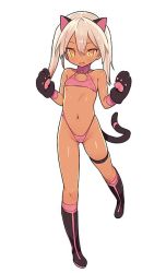 Rule 34 | 1girl, :d, animal ears, animal hands, black footwear, blade (galaxist), blush, boots, breasts, cat ears, cat girl, cat tail, commentary request, copyright request, covered erect nipples, crop top, dark-skinned female, dark skin, fang, full body, gloves, hair between eyes, halterneck, highleg, highleg panties, knee boots, light brown hair, long hair, looking at viewer, open mouth, panties, paw gloves, pink panties, simple background, skin fang, small breasts, smile, solo, standing, standing on one leg, tail, twintails, underwear, white background, yellow eyes