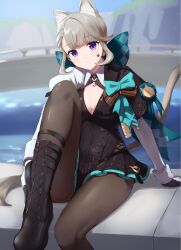 Rule 34 | 1girl, afrody, animal ear fluff, animal ears, aqua bow, black footwear, black pantyhose, boots, bow, breasts, cape, cat ears, cat tail, cleavage cutout, clothing cutout, commentary request, facial mark, genshin impact, grey hair, highres, huge bow, knees up, looking at viewer, lynette (genshin impact), miniskirt, pantyhose, purple eyes, sitting, skirt, small breasts, solo, star (symbol), star facial mark, tail